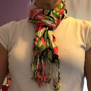 Lightweight floral fringe scarf in shades of pink, greens, black & white